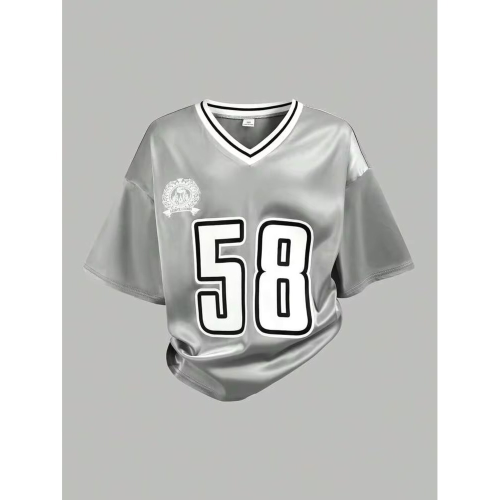 SHEIN Kids Silver Satin Jersey Graphic T-Shirt 58 Sporty V-Neck Top